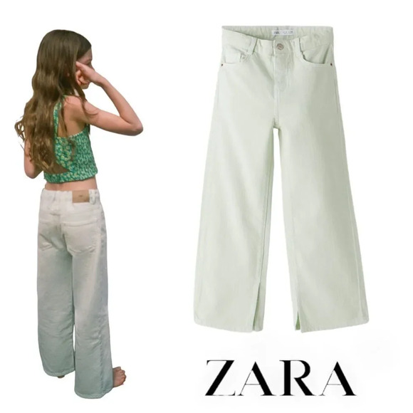 ZARA Kids | Green | WIDE LEG SOLID COLOR JEANS - Picture 1 of 8